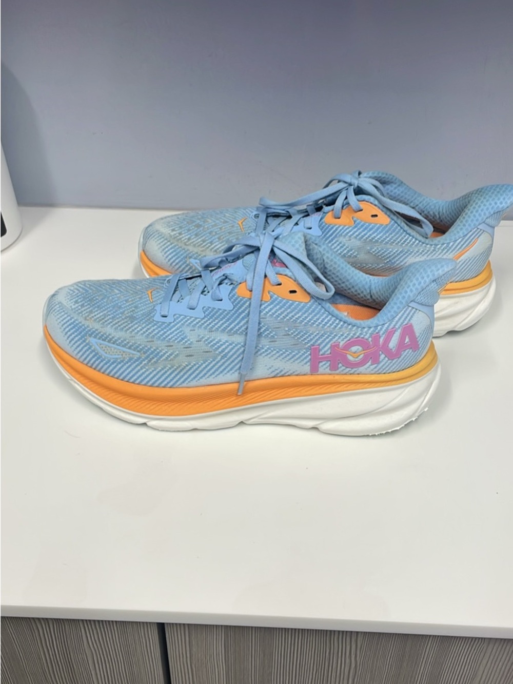 HOKA CLIFTON Women's Light Blue and Orange Running Shoes Size 9.5